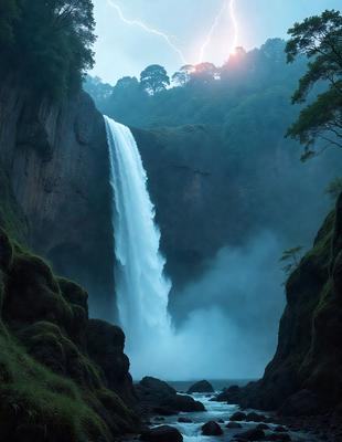 The primary subject of the image is a waterfall, which is the main object, scene, or focus of the image. The waterfall is located in a forest, surrounded by trees and greenery. The visual style of the image is a photo, capturing the beauty of the waterfall in its natural environment. The colors and mood of the image are predominantly green, with the waterfall and surrounding vegetation creating a serene and peaceful atmosphere.